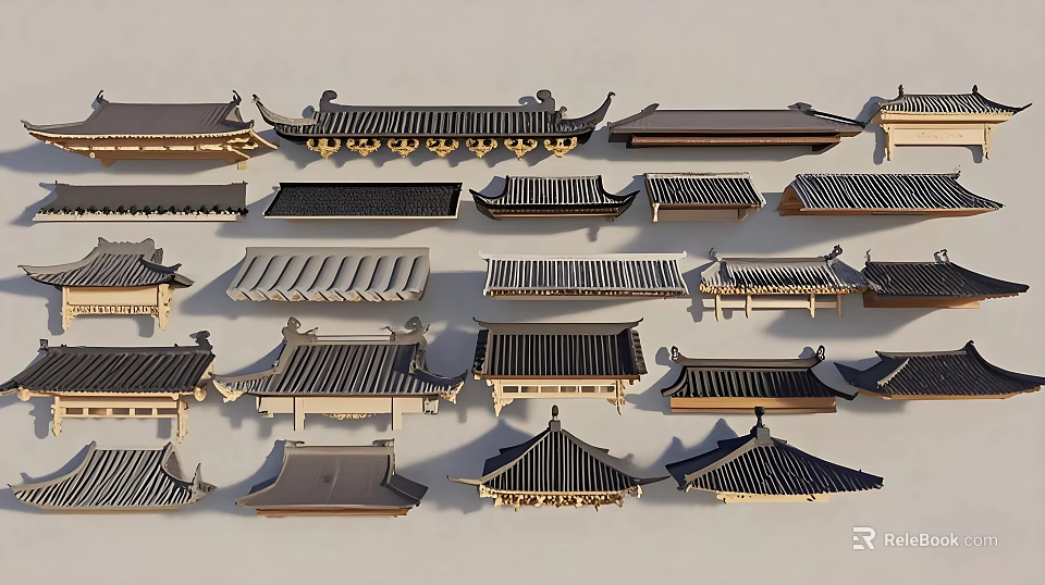 Roof Garden Featuring Various Traditional Chinese Roof Tile and Eave Styles 3d model 