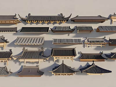 Roof Garden Featuring Various Traditional Chinese Roof Tile and Eave Styles 3d model