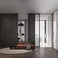 Modern Bathroom Interior Design With Marble Walls Large Mirror Wooden Vanity And Bathtub