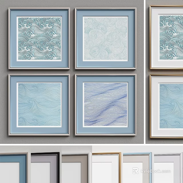 Decorative Picture Frames With Blue Borders White Mats And Intricate Patterns 3d model