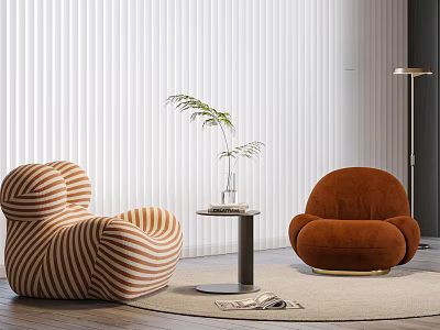 Casual Sofa Set With Striped And Solid Chairs Small Table Plant Floor Lamp Blinds Rug 3d model