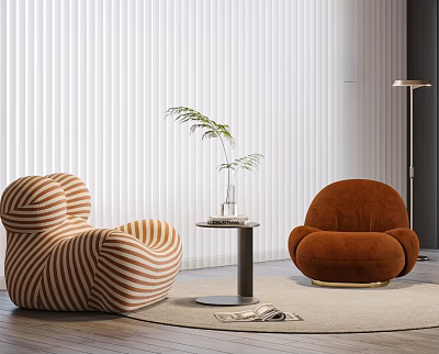 Casual Sofa Set With Striped And Solid Chairs Small Table Plant Floor Lamp Blinds Rug 3d model