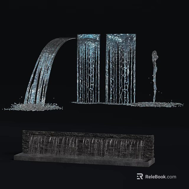 Various Water Fountain Designs Featuring Waterfall Vertical Sheets and Decorative Bases 3d model 