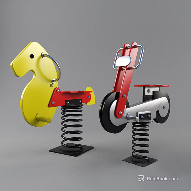 Colorful Playground Equipment Featuring Yellow Spring Horse And Red Spring Tricycle With Metal Base 3d model 