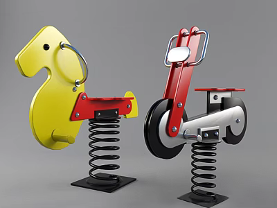 Colorful Playground Equipment Featuring Yellow Spring Horse And Red Spring Tricycle With Metal Base 3d model