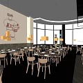 Modern Restaurant Interior With Wooden Dining Tables Chairs Pendant Lights And Large Windows
