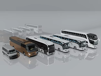 Different Types of Buses and a Van Lined Up in White Brown and Various Colors 3d model