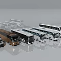 Different Types of Buses and a Van Lined Up in White Brown and Various Colors