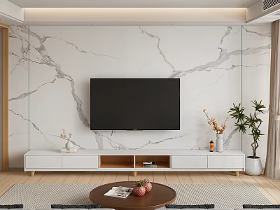 Modern TV Background Wall Marble Background Wall TV Cabinet Sofa Coffee Table Green Plant Ornaments 3d model
