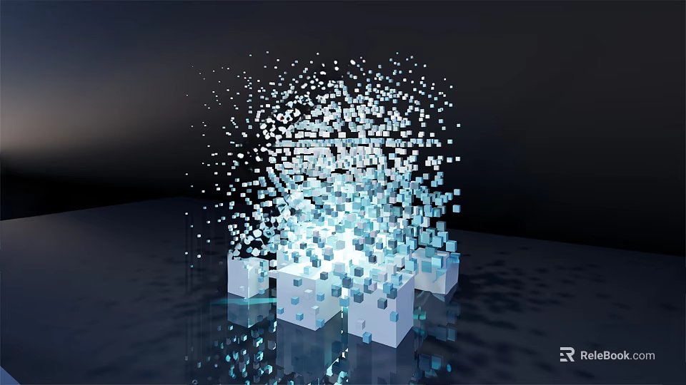 Blue and White Cube Sculpture with Floating Cubes on Dark Reflective Surface 3d model