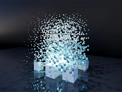 Blue and White Cube Sculpture with Floating Cubes on Dark Reflective Surface 3d model