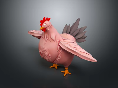 Pink Chicken with Red Comb Grey Tail Feathers Spread Wings and Yellow Feet Standing 3d model