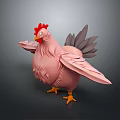 Pink Chicken with Red Comb Grey Tail Feathers Spread Wings and Yellow Feet Standing