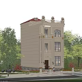Three Story Beige Detached Villa With Red Roof European Style Surrounded By Green Trees