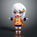 Cute Chibi Cartoon Character With White Blue Streaked Hair Pumpkin Decoration And Orange Blue Outfit