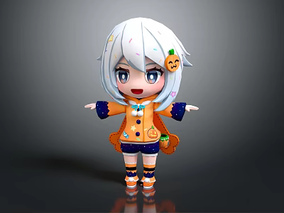 Cute Chibi Cartoon Character With White Blue Streaked Hair Pumpkin Decoration And Orange Blue Outfit 3d model