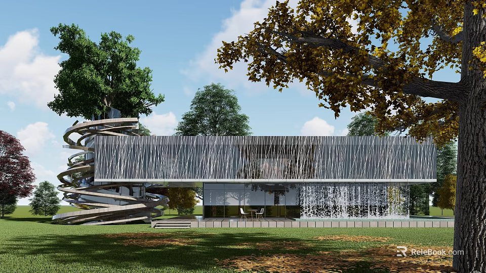 Modern Detached Villa with Vertical Striped Exterior Spiral Decor and Surrounding Green Yellow Trees Lawn 3d model 