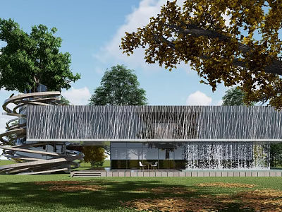 Modern Detached Villa with Vertical Striped Exterior Spiral Decor and Surrounding Green Yellow Trees Lawn 3d model