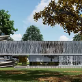 Modern Detached Villa with Vertical Striped Exterior Spiral Decor and Surrounding Green Yellow Trees Lawn