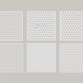 White Decorative Wall Panels Featuring Six Different Perforated Patterns Arranged in Two Rows Three Columns