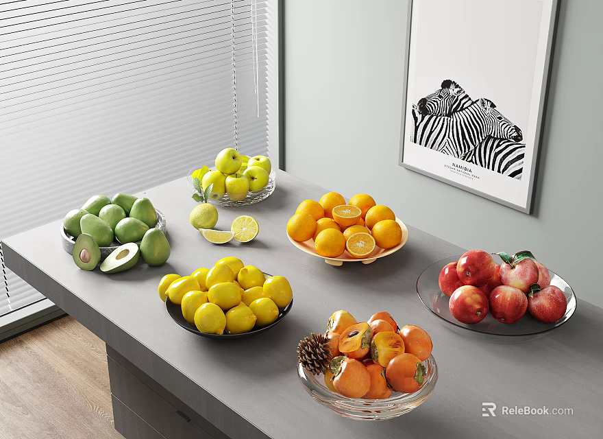 Fresh Assorted Fruits Platter With Green Apples Lemons Oranges Peaches Pineapple And Avocados On Table 3d model 