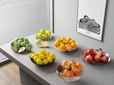 Fresh Assorted Fruits Platter With Green Apples Lemons Oranges Peaches Pineapple And Avocados On Table 3d model
