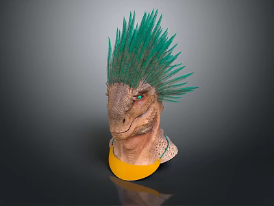 Mythical Creature Character Head Model With Green Spiky Mane Brown Skin And Yellow Base 3d model