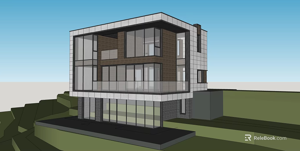 Modern Detached Villa Exterior With Large Glass Windows And Balcony Design 3d model 