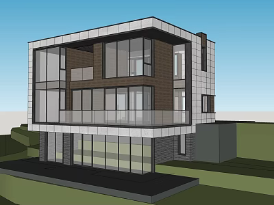 Modern Detached Villa Exterior With Large Glass Windows And Balcony Design 3d model