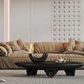 Modern Living Room Interior With Brown Sofa Black Coffee Table Floor Lamp And Wall Decor