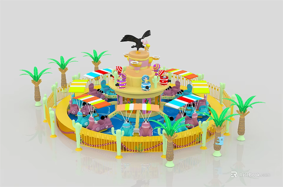 Colorful Rotating Amusement Ride With Yellow Tower Black Bird And Palm Trees 3d model 