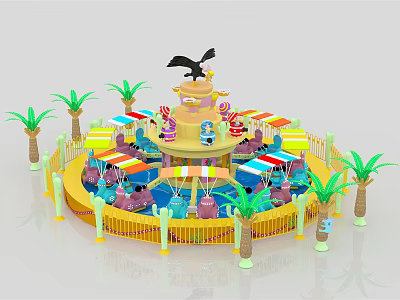 Colorful Rotating Amusement Ride With Yellow Tower Black Bird And Palm Trees 3d model