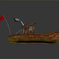 Wooden Boat With Red Flag And Fish Shaped Decoration On Deck