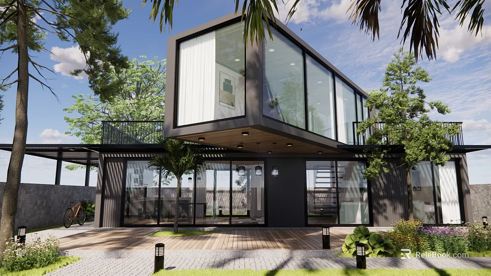 Modern Detached Villa Exterior Design With Large Glass Windows Surrounded by Greenery and Stone Pavement 3d model 
