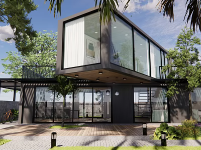 Modern Detached Villa Exterior Design With Large Glass Windows Surrounded by Greenery and Stone Pavement 3d model