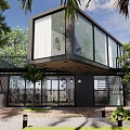Modern Detached Villa Exterior Design With Large Glass Windows Surrounded by Greenery and Stone Pavement