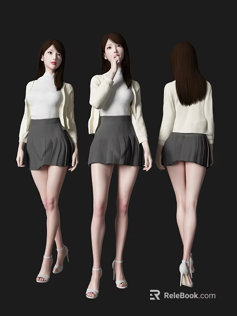 Woman Wearing White Top Gray Pleated Skirt And Beige Cardigan From Three Angles 3d model 