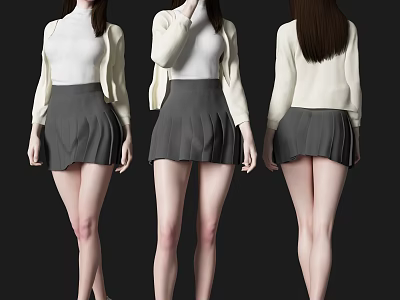 Woman Wearing White Top Gray Pleated Skirt And Beige Cardigan From Three Angles 3d model