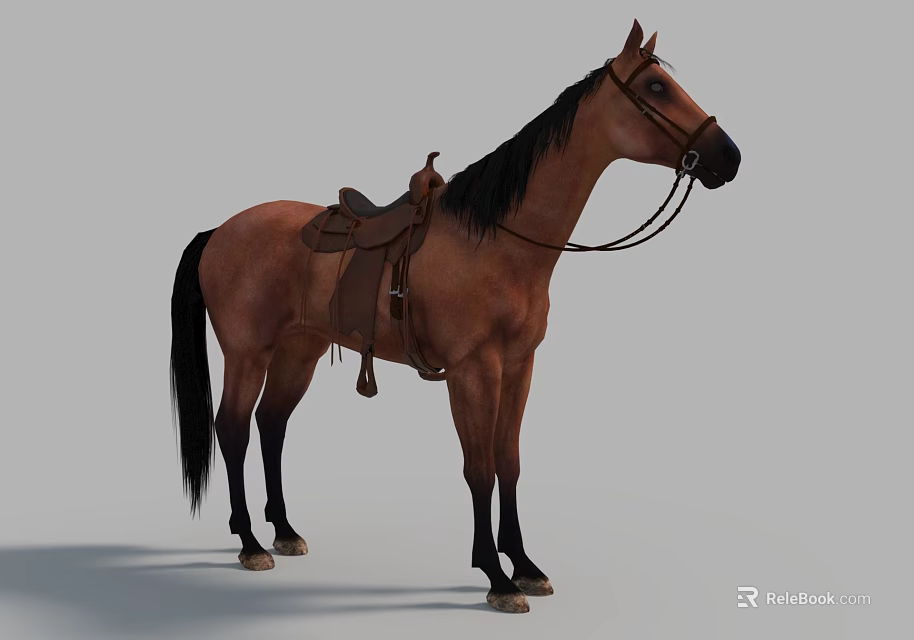 Detailed Brown Horse With Leather Saddle And Bridle Standing On Gray Background 3d model 