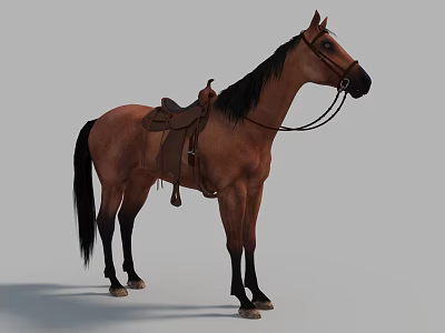 Detailed Brown Horse With Leather Saddle And Bridle Standing On Gray Background 3d model