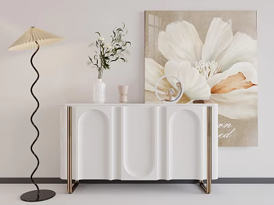 White Console Table With Gold Legs Curved Panels Decorative Items Wall Art Floor Lamp 3d model