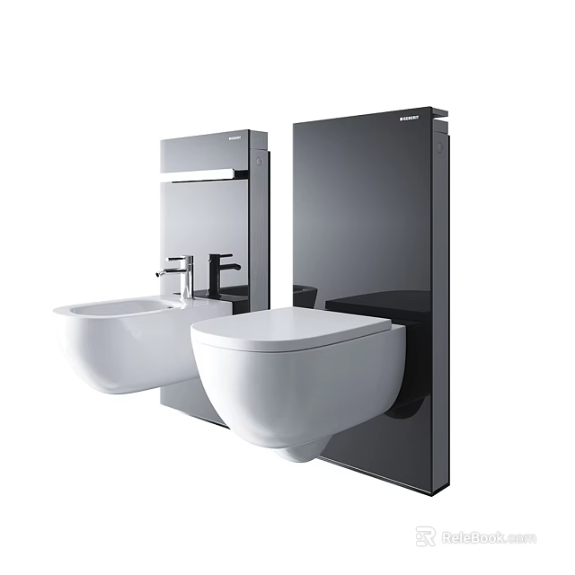 Modern Wall Mounted Bathtub With Black Panel And White Bathroom Fixtures 3d model 