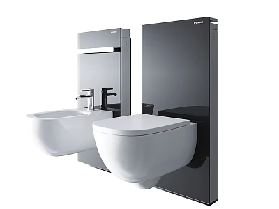 Modern Wall Mounted Bathtub With Black Panel And White Bathroom Fixtures 3d model