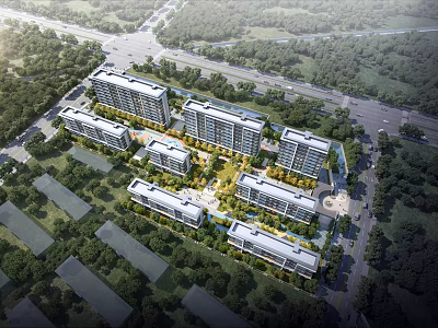 Aerial Planning of Modern Residential Community with Green Spaces and Road Networks 3d model