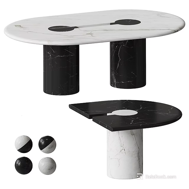 Stylish Marble Dining Table With White Black Top And Spherical Accessories 3d model 
