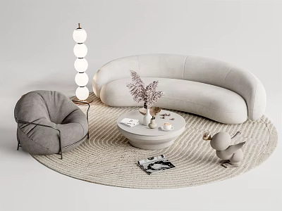 Modern Curved Sofa And Coffee Table Set With Gray Armchair Round Rug And Floor Lamp 3d model