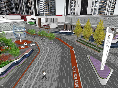 Modern Commercial Street With Pedestrian Walkway Green Trees And Urban Landscaping 3d model