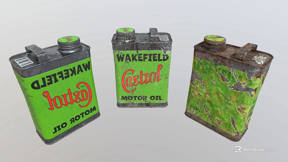 Industrial Equipment Vintage Motor Oil Cans Castrol Wakefield Brand Green Black Rustic Design 3d model 