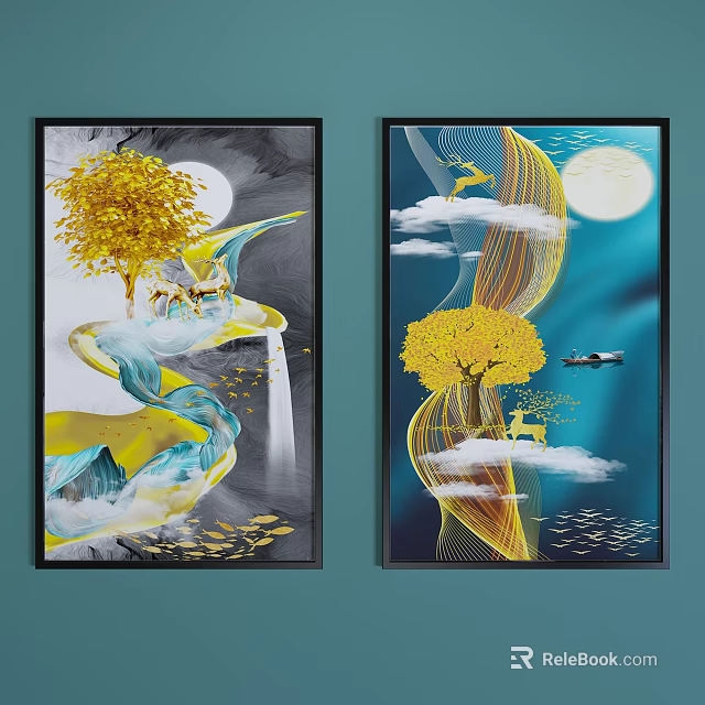Two Decorative Paintings Featuring Yellow Tree Moon Waterfall Deer Boat Clouds And Fish 3d model