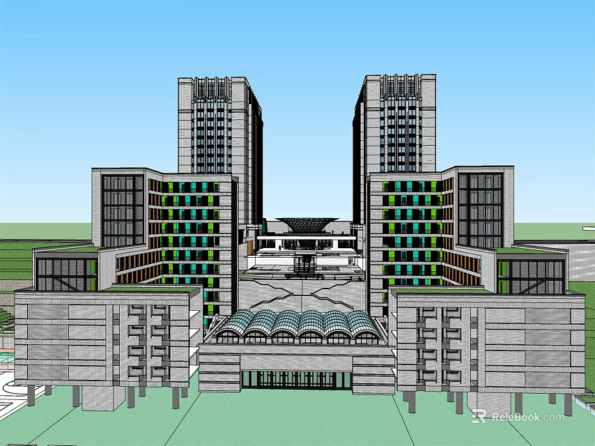 Modern Office Building Complex With Tall Twin Towers Glass Curtain Walls And Central Plaza 3d model 